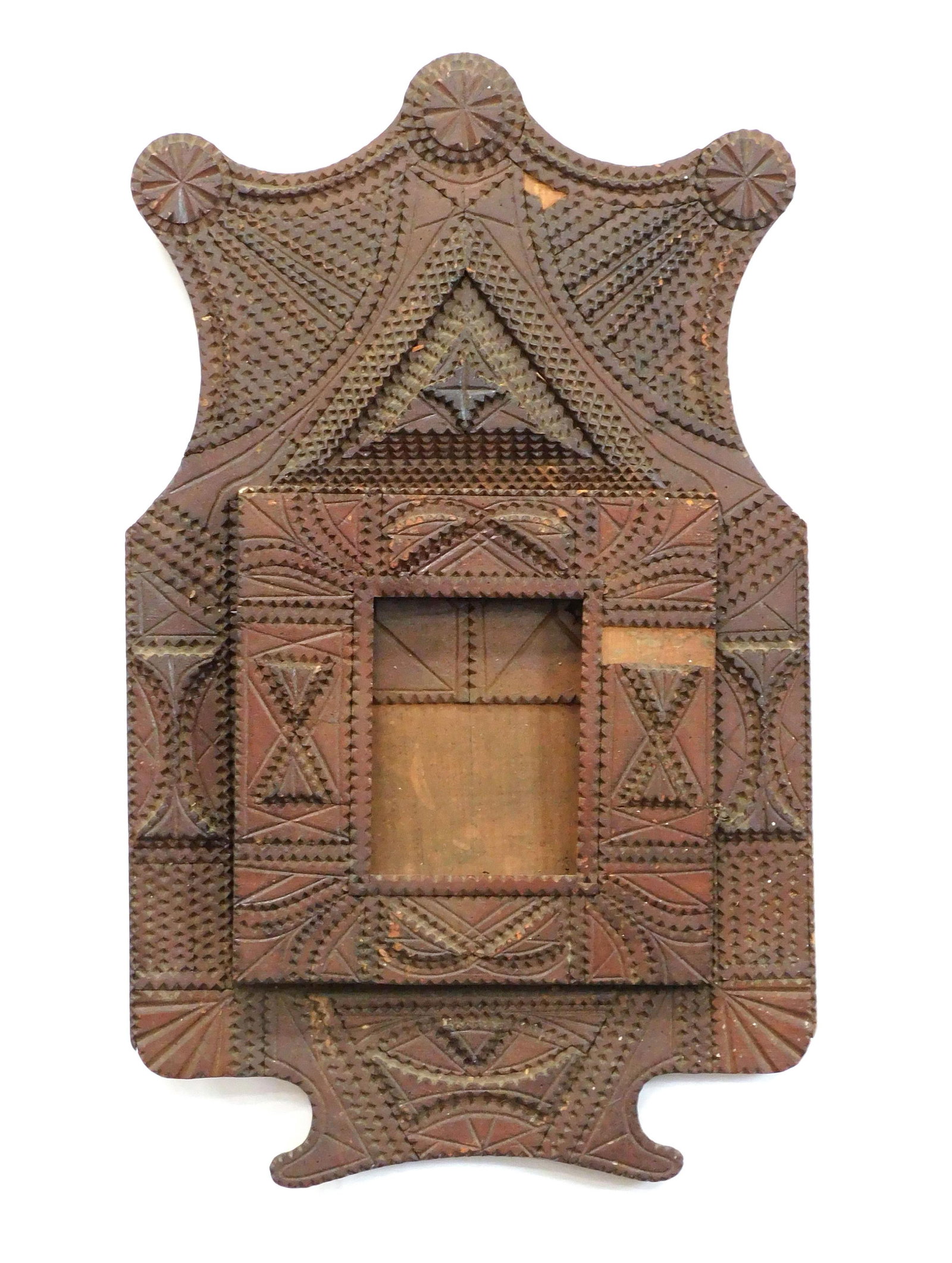 Tramp Art Hanging Wall Shelf: Late 19th C. Unusual pinwheel design. 28" high x 18" wide x 1 1/2" deep.
