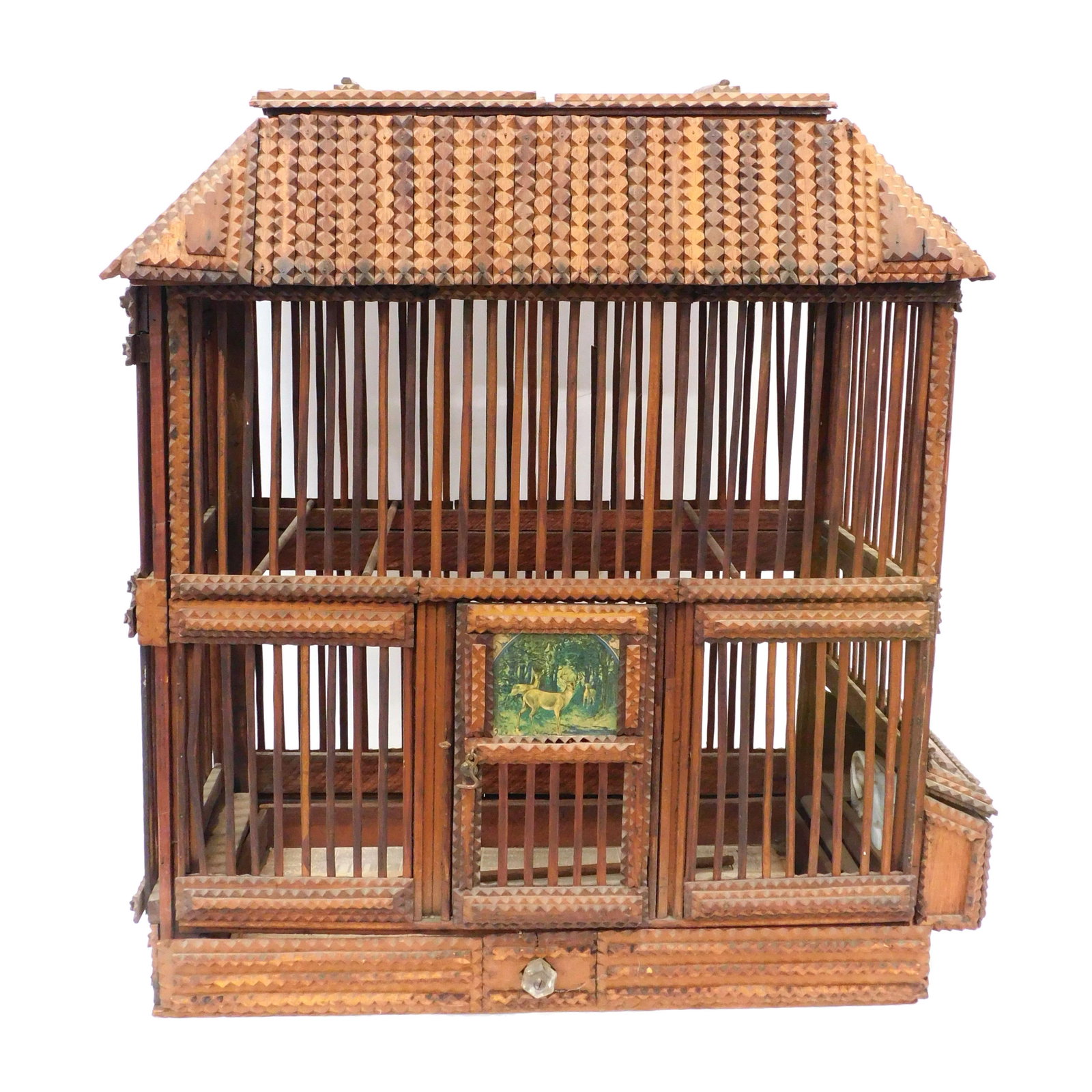 Rare Large Tramp Art Bird Cage: Late 19th C. With swing out door, pull out tray with glass knob, side opening compartment with glass feeders. 25 1/2" high x 22 1/2" wide x 12 1/2" deep.