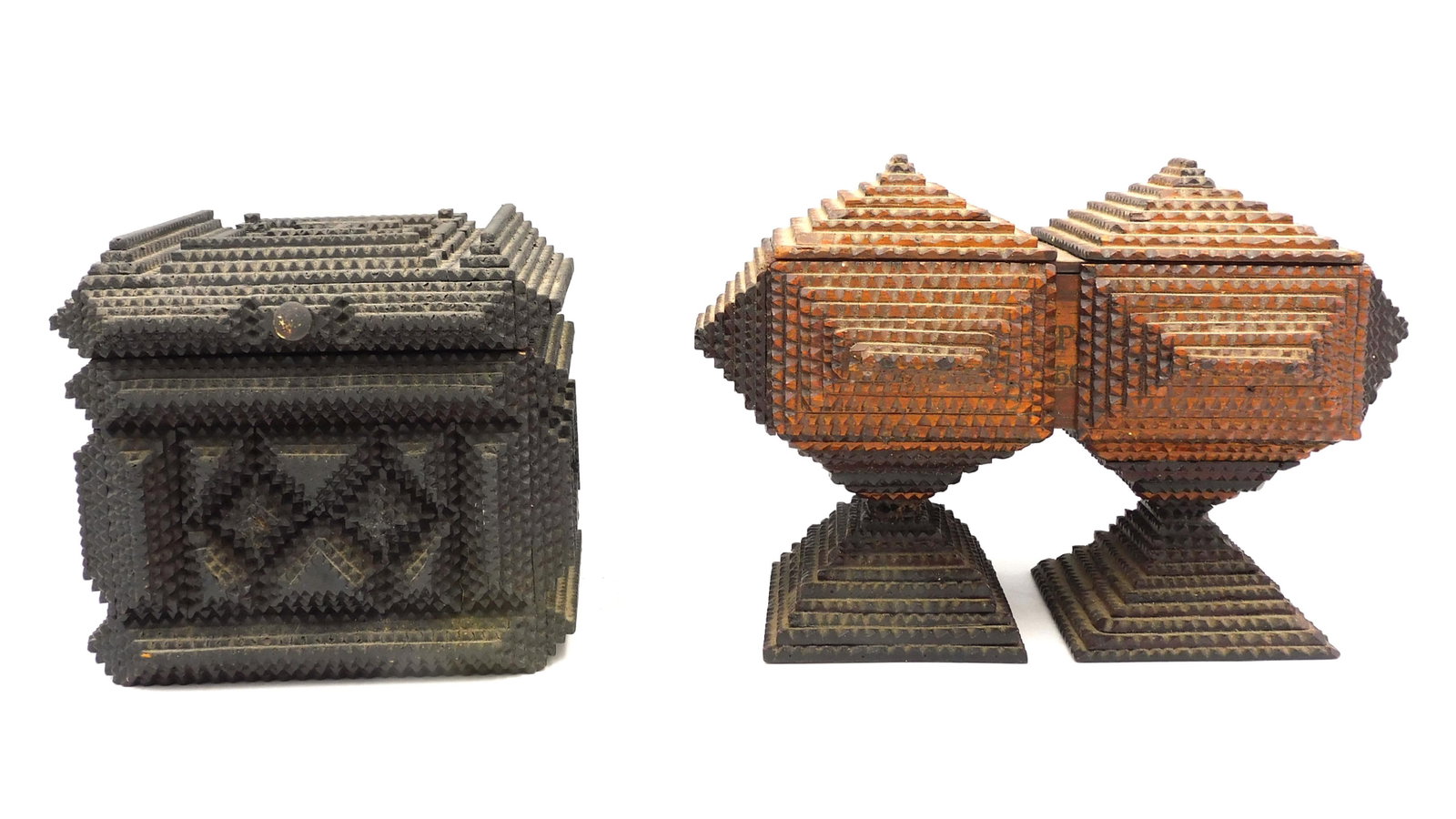 (2) Tramp Art Covered Boxes: Late 19th C. To include: (A) Square with hinged lid. Raised design. Small metal handle. 6 1/2" high x 7 1/2" square. (B) Pyramidal design. Mounted on a double pedestal. Lift top made from a Cuban ciga