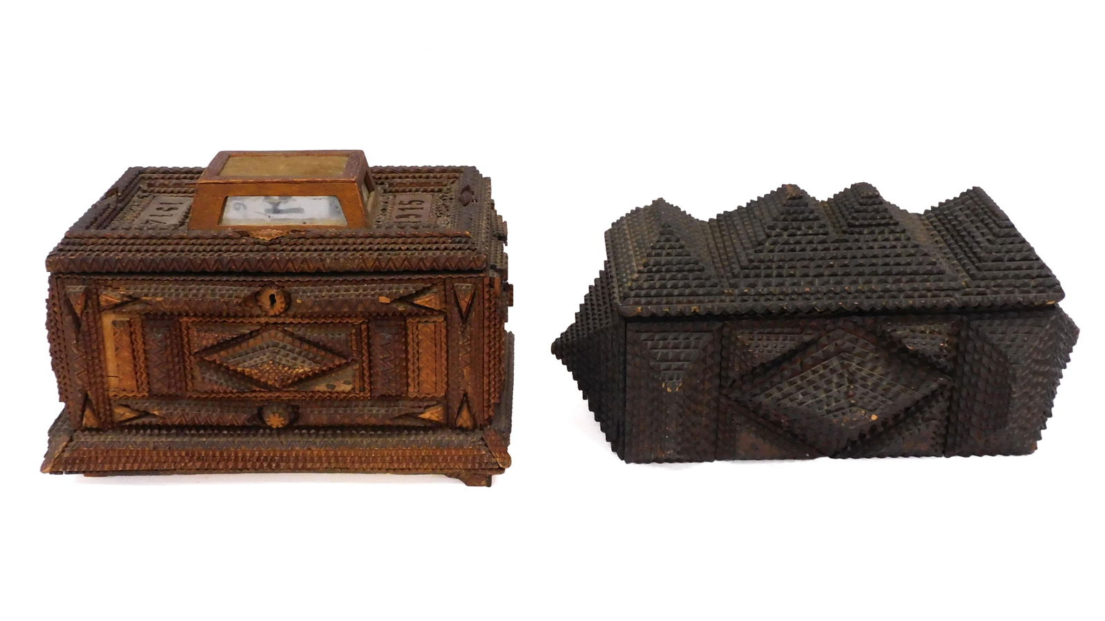 (2) Tramp Art Covered Jewelry Boxes: Early 20th C. To include: (A) Dated 1914 and 1915 on lid. Has an interesting mirrored top. Hinged lid. Interior includes a mirror and lift out tray with compartments. 8 3/4" high x 13" wide x 8" deep.
