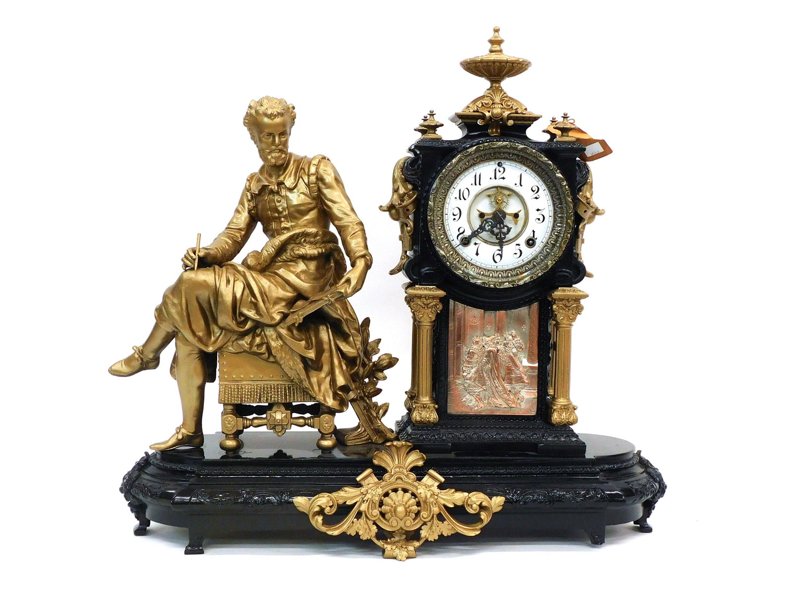 Ansonia Figural Mantle Clock: Ca. 1894. Titled "The Poet". Metal with enamel dial. Time and strike movement. Marked Ansonia Clock Company, New York. Newly painted black frame and newly painted gold figure and trim. 22" long x 24" 