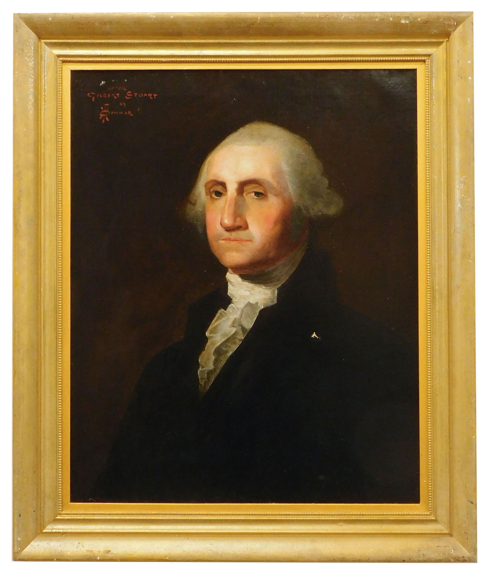 Portrait of George Washington after Gilbert Stuart: Later copy. Oil on canvas. Sight size: 27" high x 21" wide. In a gold wooden frame measuring: 32" high x 27" wide.