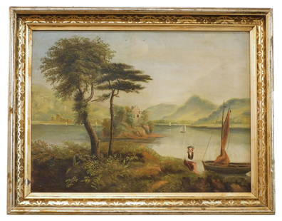 Dutch Hudson River School Landscape: Unsigned. Oil on canvas. Depicts a lakeside scene with figure and sailboats. Mountains in rear. Sight size: 17 1/2" high x 23 1/2" wide. In a period gilded frame measuring: 22" high x 28" wide.