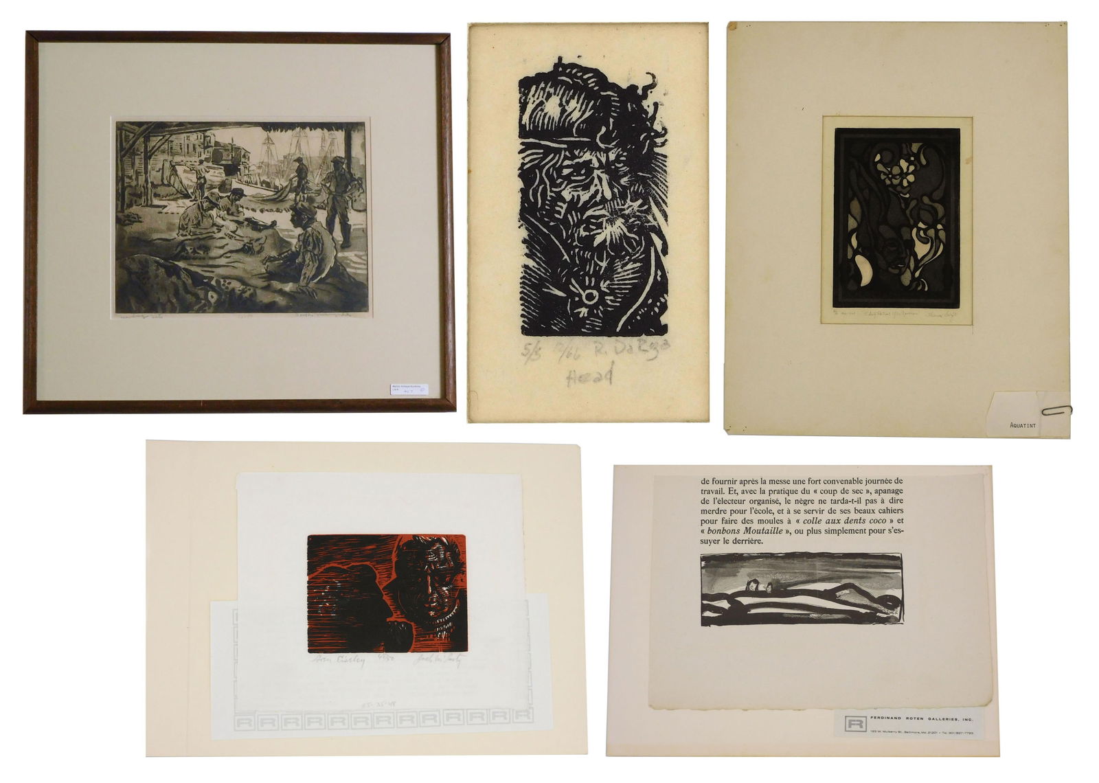 (5) Prints by Various Artists: To include: (A) Georges Rouault (French, 1871-1958). Wood engraving. "Reincarnations du Pere Ubu". Paris, 1932. Cut by Aubert, ed. 355. Signed in plate lower right. Sheet contains a narrative in Frenc