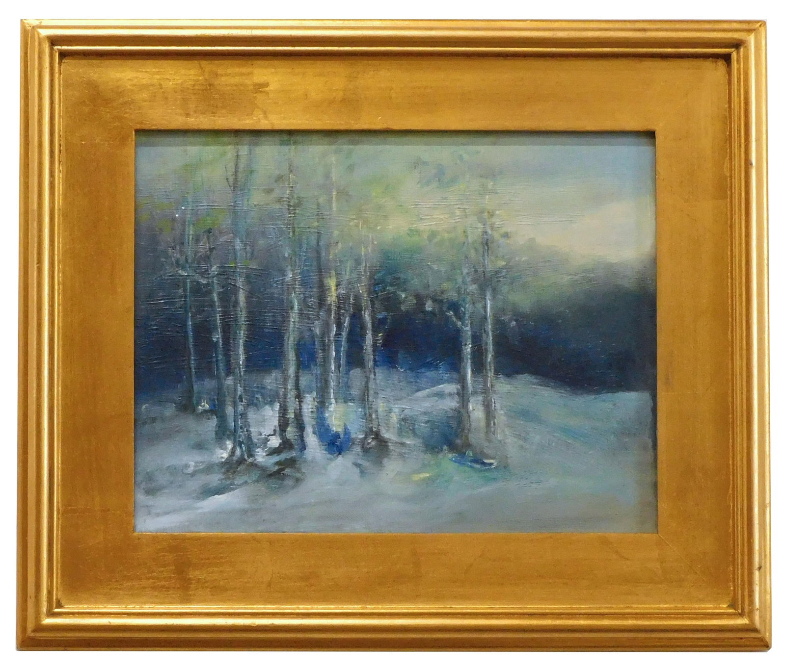 Alice K. Miles Painting: (American, 20th Century). Oil on canvas. "Winter Light". 2005. Signed, titled and dated on verso. Sight size: 11" high x 14" wide. In a gilded wooden frame measuring: 16 1/2" high x 19 1/2" wide.
