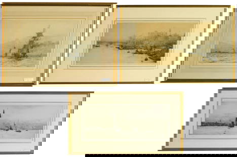 (3) Framed Etchings by W.L. Wyllie R.A.: (British, 1851 - 1931). To include: (A) Titled "At Graves End Vessels Bound for the Upper Regions of the River Thames". Signed in pencil lower left. Sight size: 8 1/2" high x 20 1/2" wide. In a gilded
