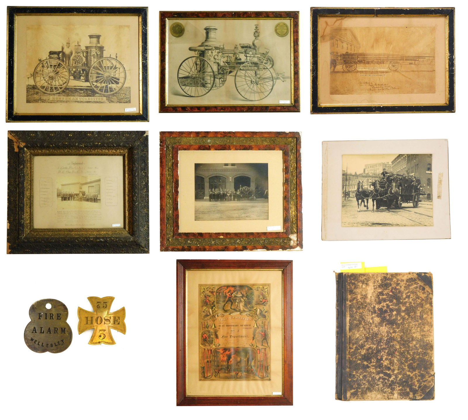 (10) Pieces of Massachusetts Fire Memorabilia: To include: (A) Period framed lithograph of a Hunneman and Company Boston fire pumper. Sight size: 12 1/4" high x 16" wide. In period carved wooden frame measuring: 18" high x 22 1/2" wide. (B) Period