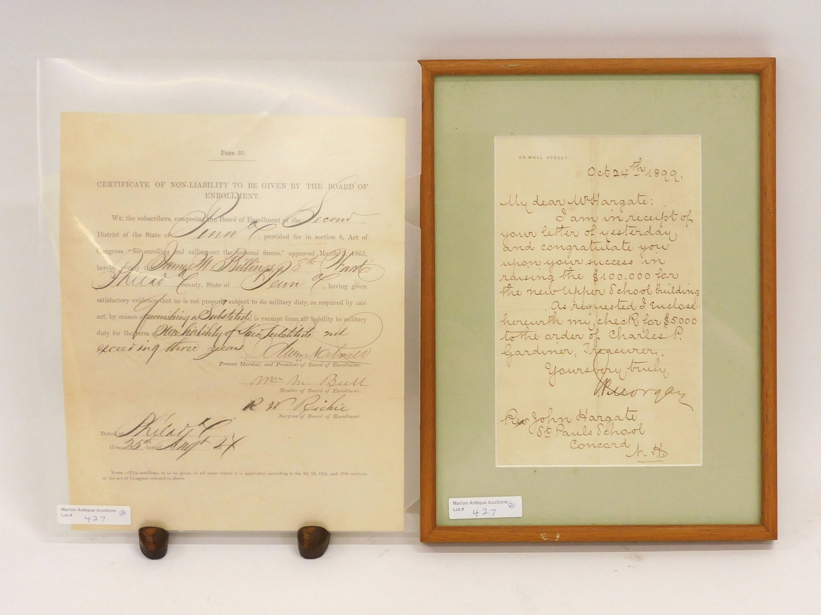 J.P. Morgan and Civil War Documents: 19th C. To include: (A) Handwritten letter signed by J.P. Morgan. Dated October 24, 1899. To a Mr. Hargate related to philanthropic donation to Saint Paul's School, Concord, New Hampshire. Sight size: