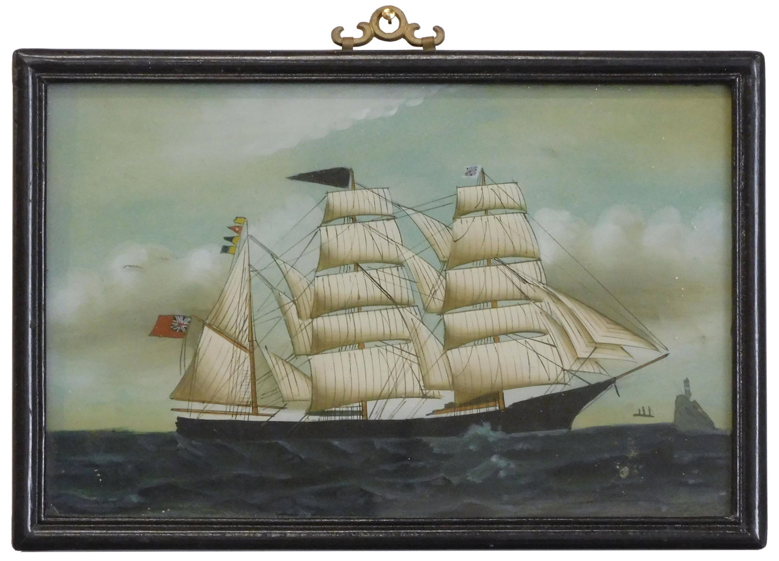 Reverse Painting on Glass of British Ship: 19th C. Depicting a three-masted ship. Sight size: 6 3/4" high x 10 3/4" wide. In frame measuring: 7 3/4" x 11 3/4".