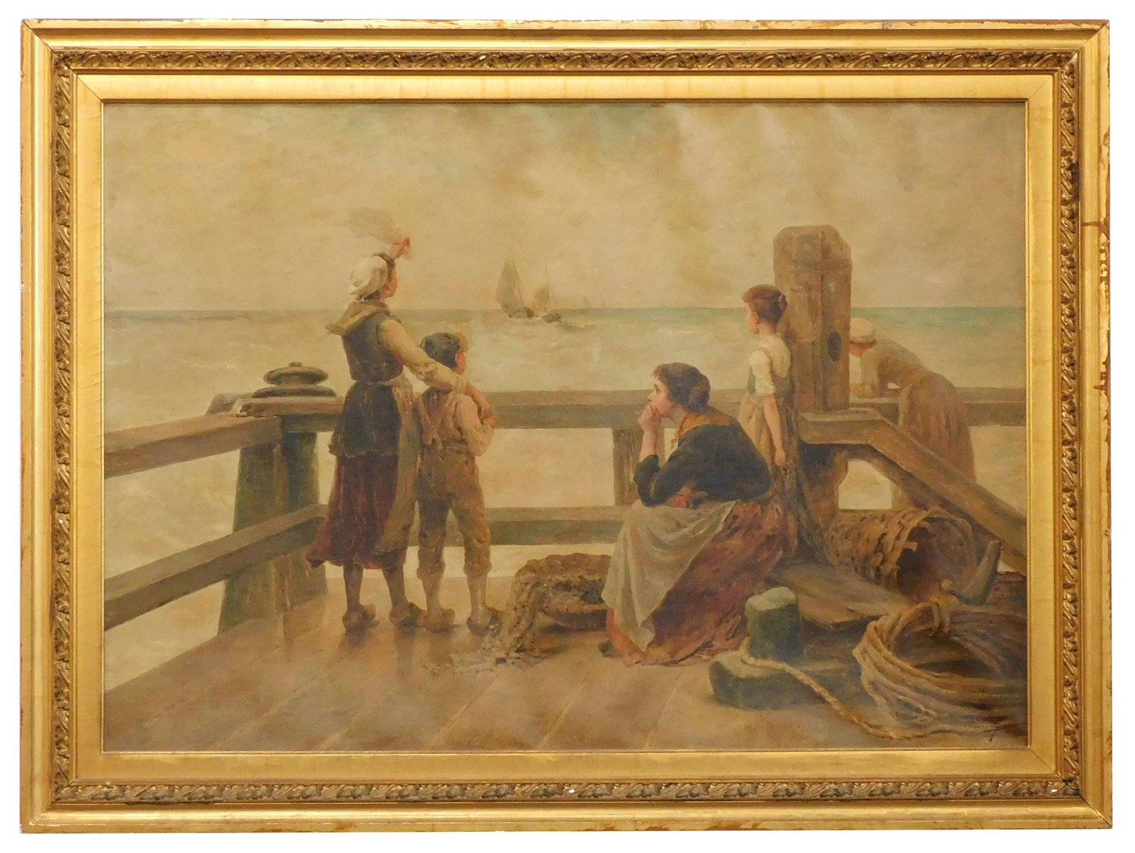 L. Laurenty Painting: 19th Century. Oil on canvas. Signed lower right. Depicting wives and children waving farewell. Sight size: 25 1/2" high x 36" wide. In original frame measuring: 31" high x 41 3/4" wide.