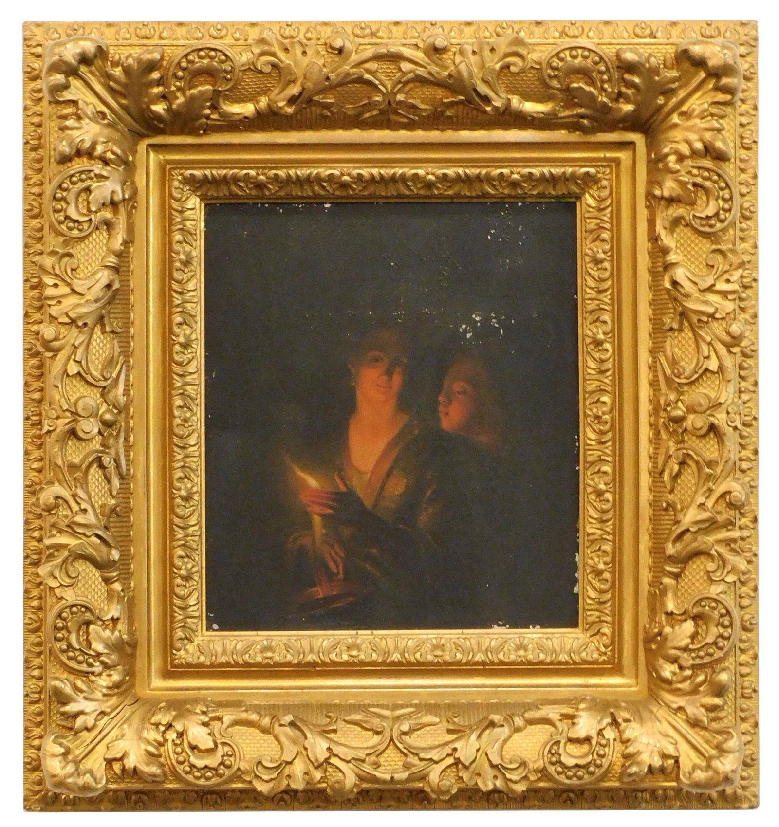 After Godfried van Schalcken Painting: (Dutch, 1643-1706). Oil on tin. Unsigned. Depicting two girls by candlelight. Sight size: 9 1/2" high x 8 1/4" wide. In painted frame measuring: 17 1/2" high x 16 1/2" wide.