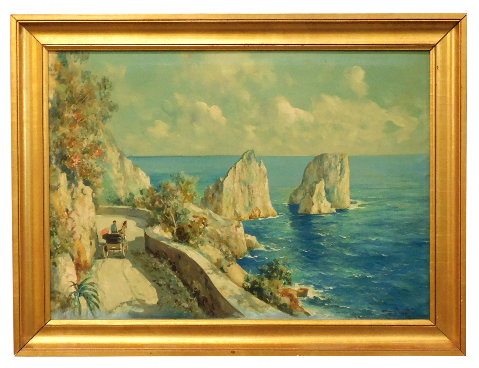 Giuseppe Salvati Painting: (Italian, 1900-1968). Oil on canvas. Signed lower right. Italian coastal landscape. Sight size: 19 1/4" high x 27 1/2" wide. In a gilt frame measuring: 24 1/2" high x 32 1/2" wide.