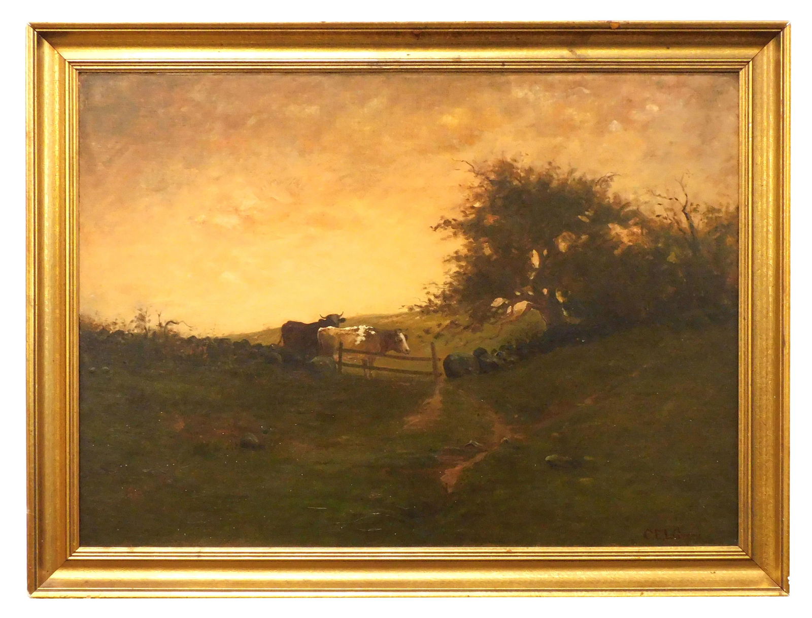 Charles Edwin Lewis Green Painting: (American, 1844-1915). Oil on canvas. Signed lower right. Pastoral scene with cows. Sight size: 26" high x 36 1/4" wide. In frame measuring: 30 1/2" high x 40 1/2" wide.