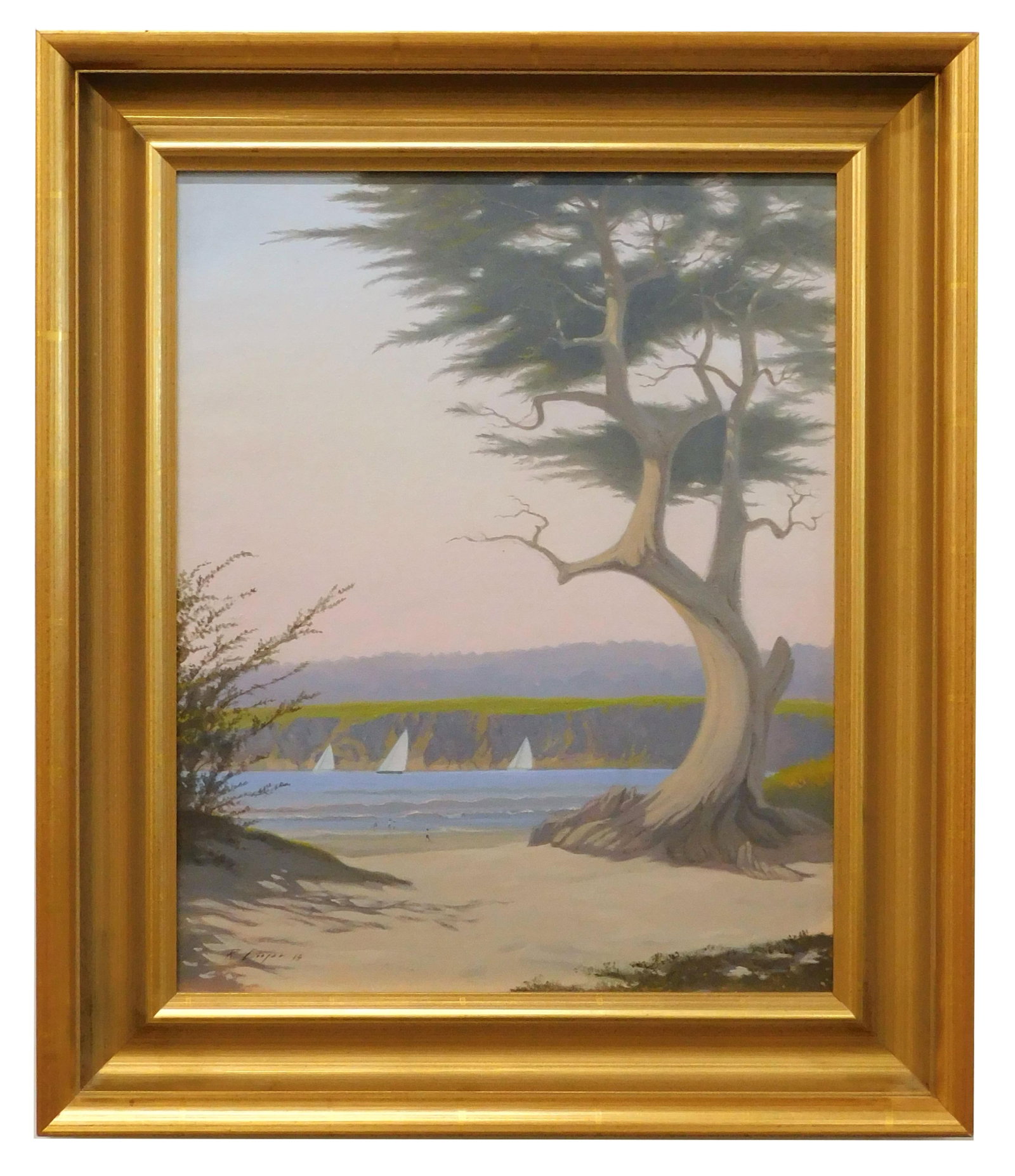 Ryan Cooper Painting: (American/California/Massachusetts, b. 1945-). Oil on canvas. Signed lower left. Dated 2015. Titled" Carmel Bay". Sight size 20" high x 16" wide. In a carved and gilded frame measuring: 25 1/2" high x