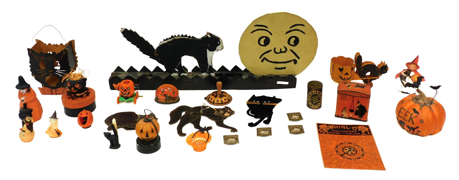Lot of Vintage, Antique and Newer Halloween Items: To include: (A) Wooden sign with cat and moon. (B) Two mechanical paper black cats. (C) Syco slate pocket fortuneteller. (D) Several Jack-o'-lanterns. (E) Tin with witch and cauldron. (F) Hanging pape