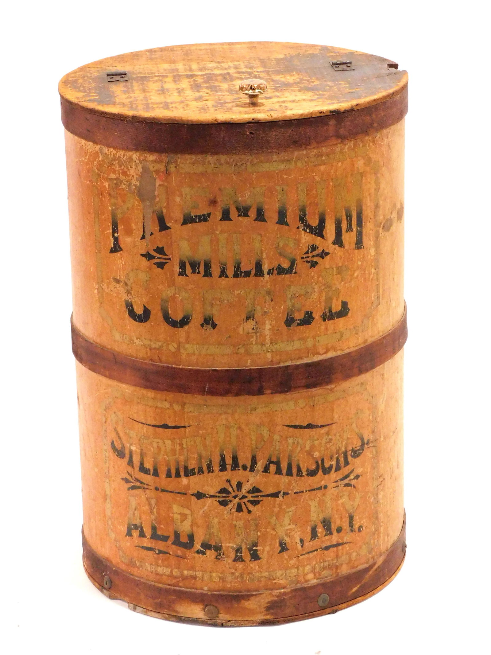 Premium Mills Coffee Advertising Barrel: Early 20th C. Stephen Parsons, Albany, New York. 23" high x 16 1/2" diameter. Provenance: A Newport, Rhode Island collection.