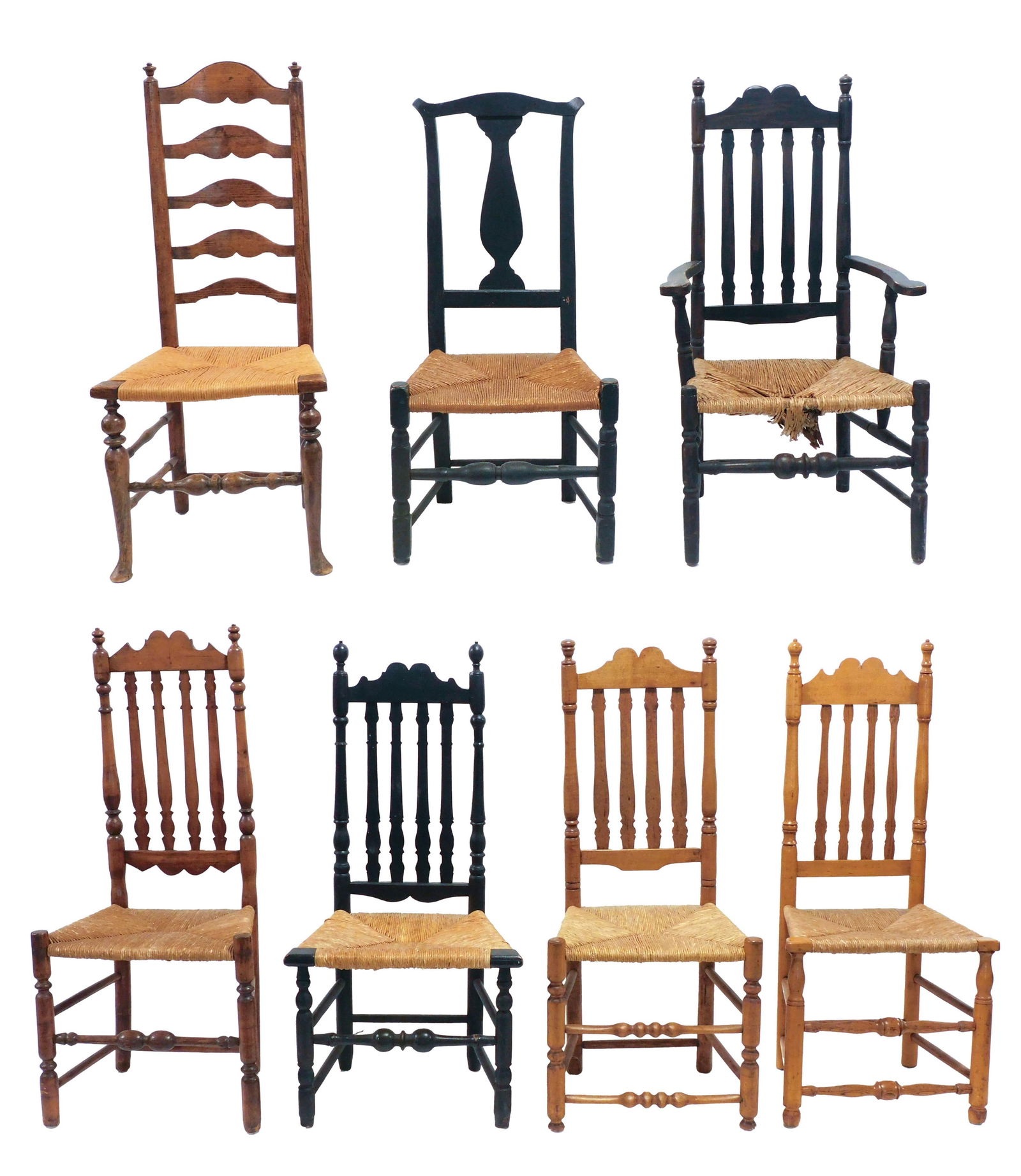 Collection of (7) Chairs: 18th C. To include (A) Bannister back armchair with rush seat. (B) Four banister back side chairs. Rush seats. (C) Slat backed side chair with block and ball turnings. Rush seat. Black painted finish.