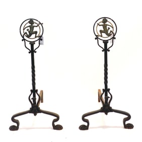 Wrought Iron and Nickel Andirons