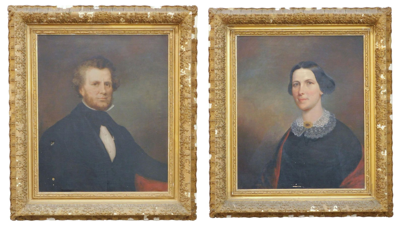 Pair of Bass Otis Portraits: (American/Massachusetts/Pennsylvania, 1784-1861). Oil on Canvas. Unsigned. To include: (A) Gentleman in a dark coat. (B) A young woman with lace collar and brooch pin. Likely Savery's wife. Sight size