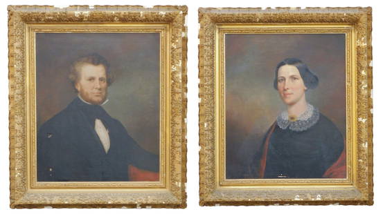 Pair of Bass Otis Portraits: (American/Massachusetts/Pennsylvania, 1784-1861). Oil on Canvas. Unsigned. To include: (A) Gentleman in a dark coat. (B) A young woman with lace collar and brooch pin. Likely Savery's wife. Sight size