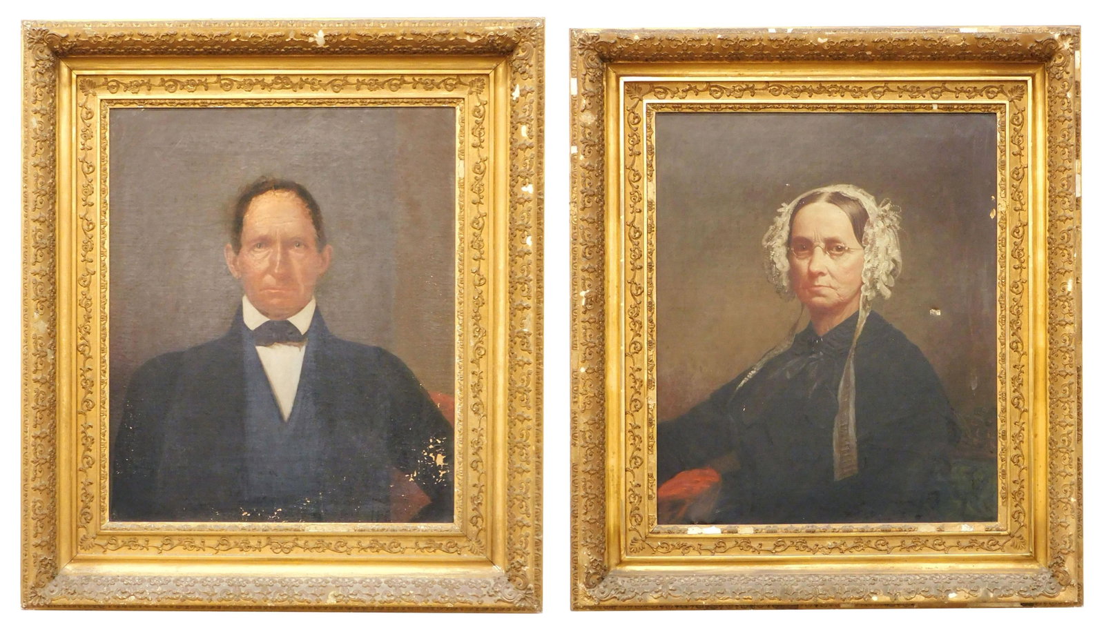 Pair of Bass Otis Portraits: (American/Massachusetts/Pennsylvania, 1784-1861). Oil on Canvas. Unsigned. A Savery husband and wife. To include: (A) Stern gentleman in black suit. Sight size: 41 1/2" high x 36 3/4" wide. In origina