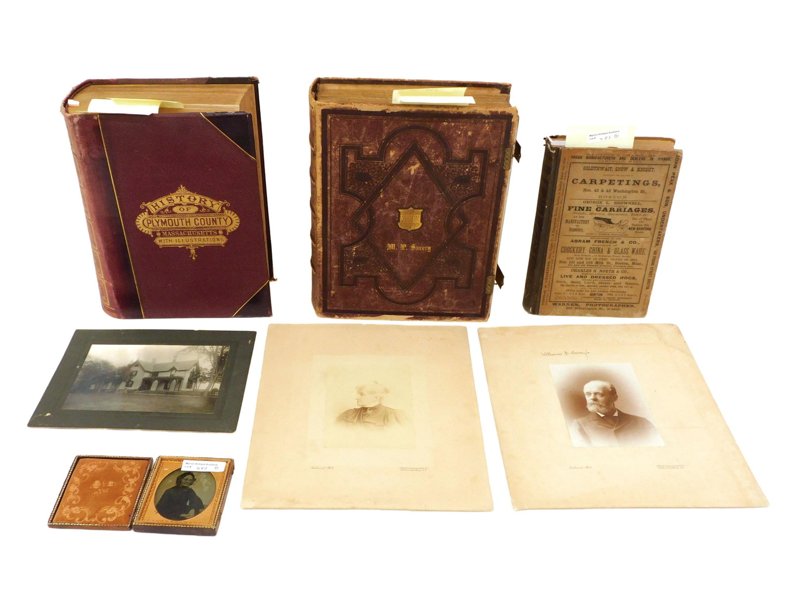 (7) Piece Lot from Savery Family Homestead: Carver, Massachusetts. To include: (A) William Savery photo album with a presentation note dated 1863 "From William to his wife Mary". (B) Period photo of Leyden Cottage, the Savery homestead on Samps