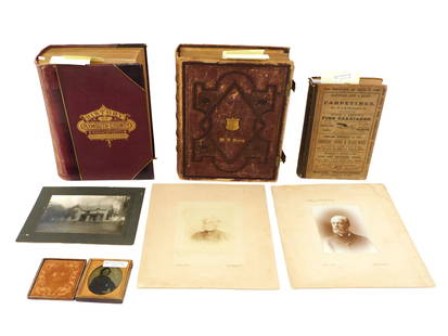 (7) Piece Lot from Savery Family Homestead: Carver, Massachusetts. To include: (A) William Savery photo album with a presentation note dated 1863 "From William to his wife Mary". (B) Period photo of Leyden Cottage, the Savery homestead on Samps