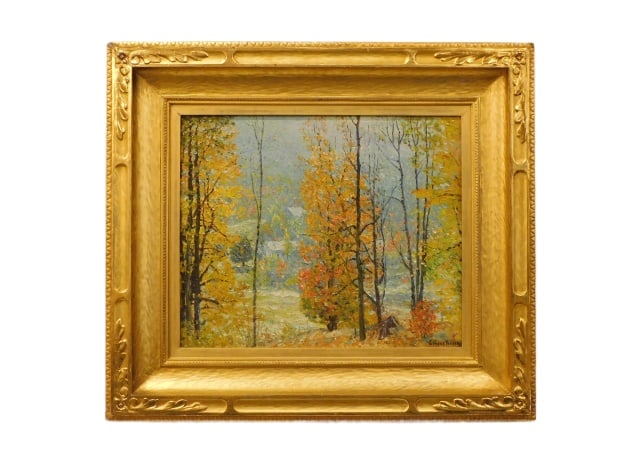 John Joseph Enneking Painting: (American/ Massachusetts/New York/ Maine/Ohio, 1841-1916). Oil on canvas. Fall landscape. Signed lower right. Sight size: 19" high x 23" wide. In an exceptional period carved and gilded frame measurin