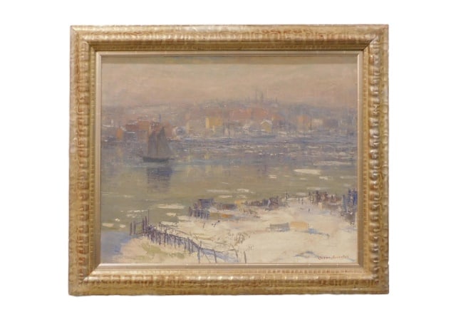 Oscar Anderson Painting: (American/Massachusetts, 1873-1953). Oil on canvas. Winter seascape titled: "Drifting Ice, Gloucester". Signed lower right. Sight size: 22" high x 27" wide. In a silver gilt frame measuring: 28" high