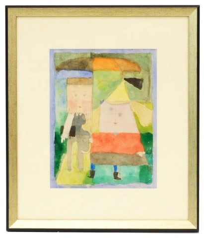 Dorothy Lake Gregory Painting: (American/New York, 1893-1970). Watercolor. Titled: "Off to School". Depicts two young children with umbrella. Sight size: 10 1/4" high x 8" wide. In a high quality silver gilt frame measuring: 16 1/2