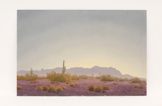 John W. Hilton Painting: (American/North Dakota/Hawaii, 1904-1983). Oil on masonite board. Titled: "Superstition Sunrise". Signed lower right. Hilton employed the use of fossil wax in his paint to act as a permanent varnish.