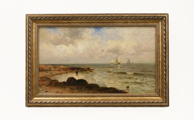 American School Seascape Painting: 19th/20th C. Depicts sailboats off a rocky shore, possibly Rhode Island. Unsigned. Inscribed: "Thomas Bricher" in a later hand on the stretcher. Sight size: 16" high x 28" wide. In a modern gilt frame