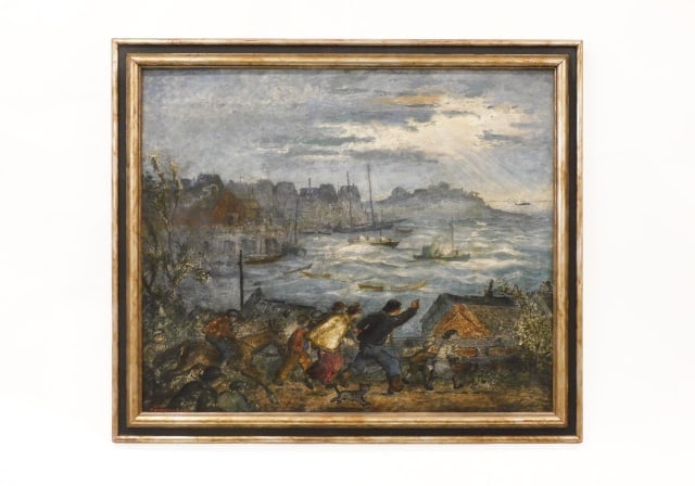 Harrison Cady Painting: (American/Massachusetts/New York, 1877-1970). Oil on masonite. Titled: "The Wounded Whale". Signed lower left. Titled on verso. Sight size: 25" high x 30" wide. In a silver gilt frame measuring: 30" h