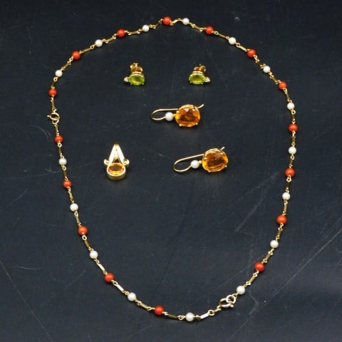 (6) Pieces Yellow Gold Jewelry: To include: (A) Seed pearl and red coral necklace. 20" long. (B) Pair of peridot and diamond pierced earrings. (C) Pair of citrine and pearl pierced dangle earrings. (D) Citrine pendant. 3/4" long. 10