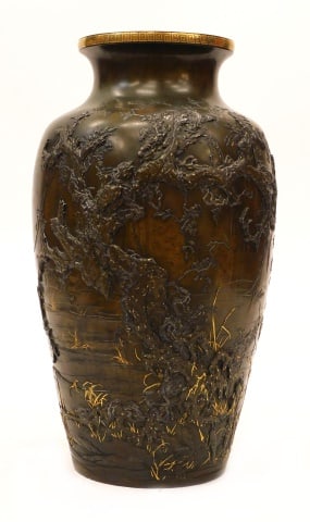 Meiji Bronze or Doki Inlaid Palace Urn: Late 19th C. Made by Kanamori Soshichi (Japanese, 1821-1892). With raised naturalist tree and branch design. Gold and silver inlay. Signed on base. 30" high x 15" diameter. Comes with a contemporary c