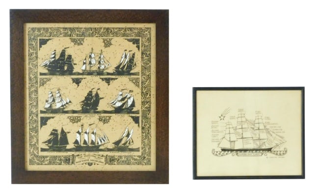 (2) Coulton Waugh Framed Prints: (British,1896-1973). To include: (A) The clipper ship COMET with identification of the mast, sails and rigging. Signed lower right. Sight size: 9 1/4" high x 11 1/4" wide. In a black lacquer frame mea