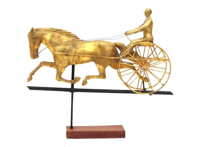 Horse And Sulky Weathervane: Late 19th C. Copper. 16" high x 30 1/2" long x 6" deep.