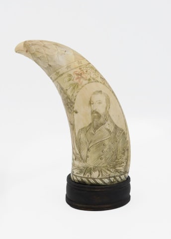 Scrimshaw Whale's Tooth: 20th C. Finely engraved polychrome sperm whale tooth. Recto features a portrait of American Admiral David Porter in the round surrounded by American flag, cannon and floral motifs. Verso features an A
