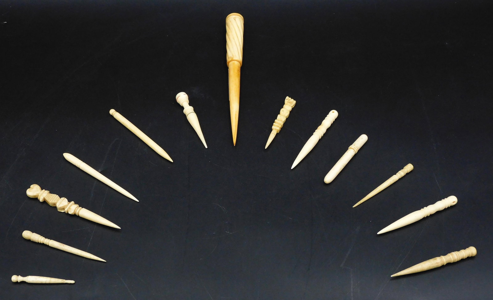 (13) Scrimshaw Bodkins: 19th C. Ranging in size from 2" to 7" long.