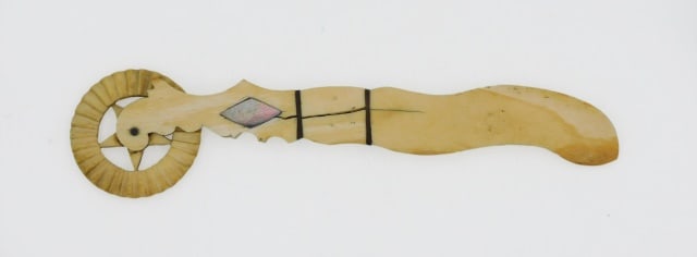 Scrimshaw Pie Crimper: 19th C. Sailor made pie crimper or jagging wheel with inlaid abalone and baleen. 7 1/4" long.