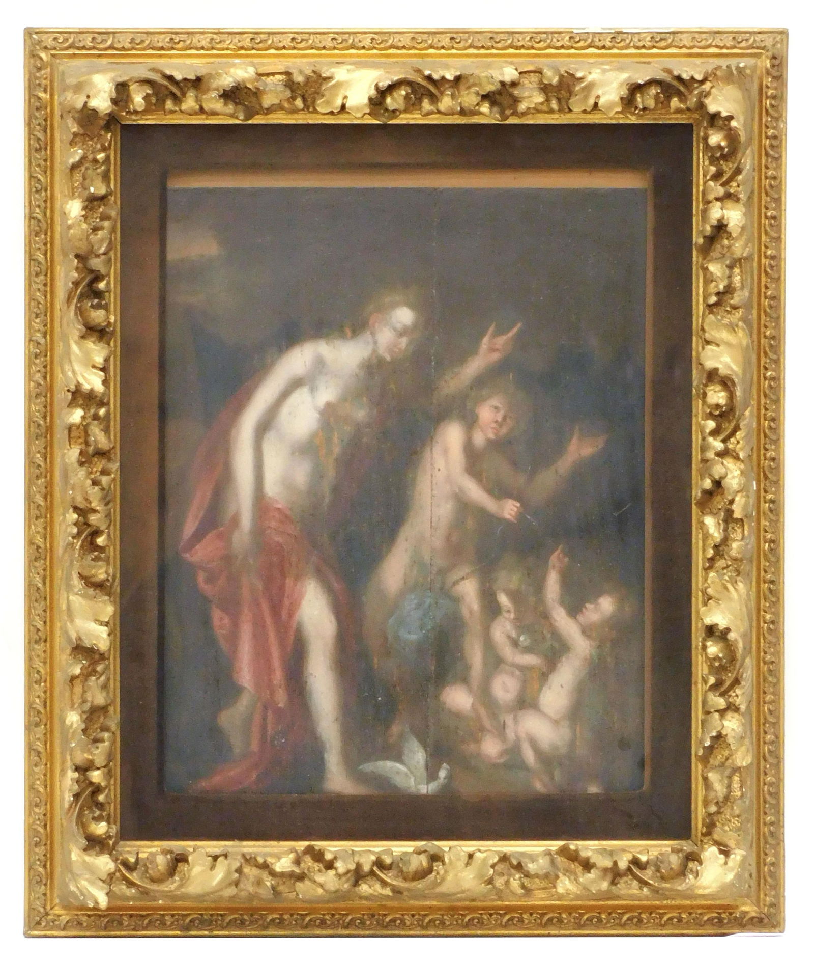 Early Classical Painting on Wooden Panel: Possibly 17th/18th C. Probably Italian. Painted on two panels. Depicts a partially clad mother with three children. The older child has a bow and arrow. White dove in bottom center. Unsigned. 19" high