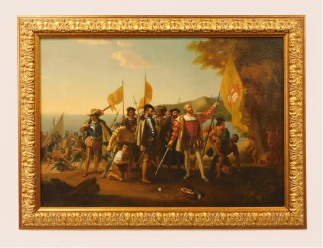 Landing of Christopher Columbus Painting: 19th C. Oil on canvas. Sight size: 25 1/2" high x 37 1/2" wide. In a reproduction gilded frame measuring: 34" high x 45" wide. Provenance: From the estate of Rodney Hilton Brown.