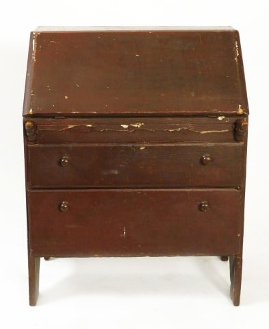 New England Child's Desk And Chair: 18th C. To include: (A) Pine desk. Red on red repainted surface. Fitted interior with wrought iron butterfly hinges. Cut-out boot jack ends. Dated on back 1789? 35 1/2" high x 28 1/2" wide x 22" deep.