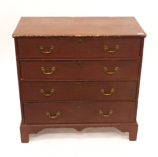 New England Four-Drawer Chest: 18th C. Pine with red painted surface. Reconstructed from two-drawer blanket chest. Bracket base, old brasses. 37" high x 37 1/2" wide x 18 3/4" deep.