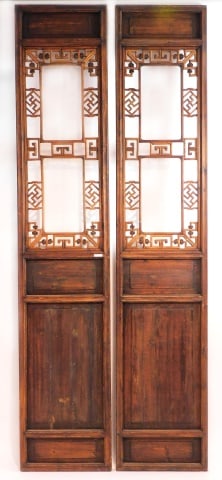 (2) Asian Wooden Panels: Late 19th C. Open fret work panels with boats and flowers. 101 1/2" high.