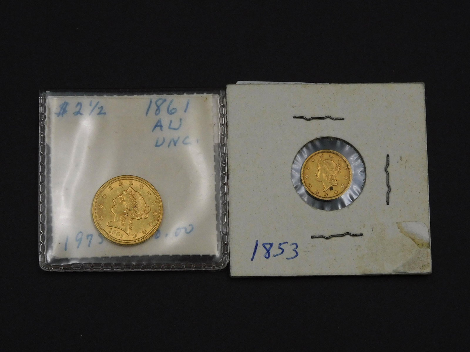 (2) Gold Coins: To include: (A) 1861 $2.5 gold Liberty Head. (B) 1853 $1 Liberty Head. Type 1. Please note this lot must be paid for by cash, wire transfer or known check. Items will be shipped or sent to shipper onc