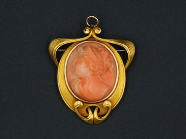 Art Nouveau Angel Skin Coral Cameo Pin Pendant