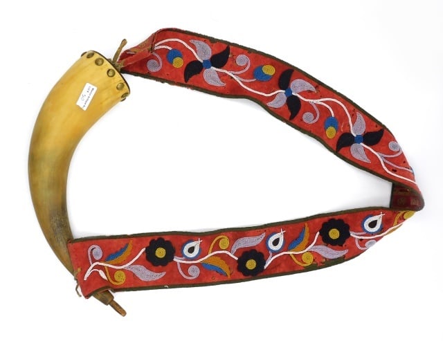 Great Lakes Powder Horn: Late 19th C. Geometric floral beaded sash. Powder horn measures 11 1/2" long. Sash approximately 38" long.
