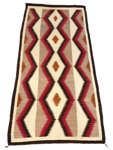 Navajo Rug: Mid-20th C. Chevron design in red, black, gray, white. Has bands. 51 1/2" high x 106" long.