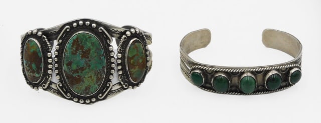 (2) Navajo Silver and Green Turquoise Bracelets